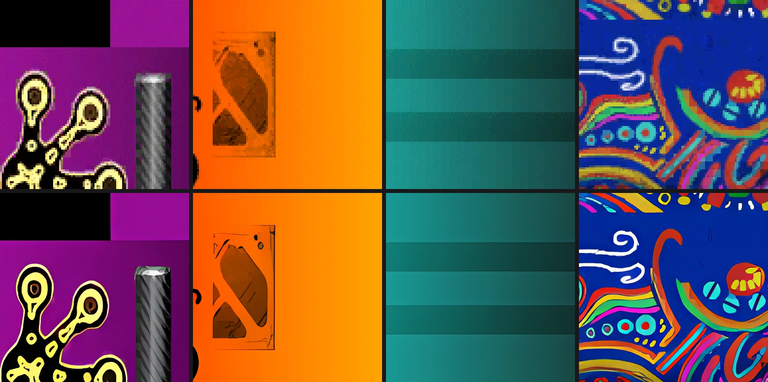 Detalles de cuatro pinturas: arriba las del juego, abajo ampliadas.